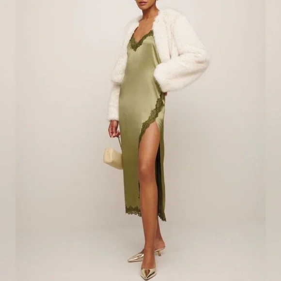 NWT Reformation Karissa Silk Maxi Dress in Olive Oil Green Size 4 - Picture 2 of 9